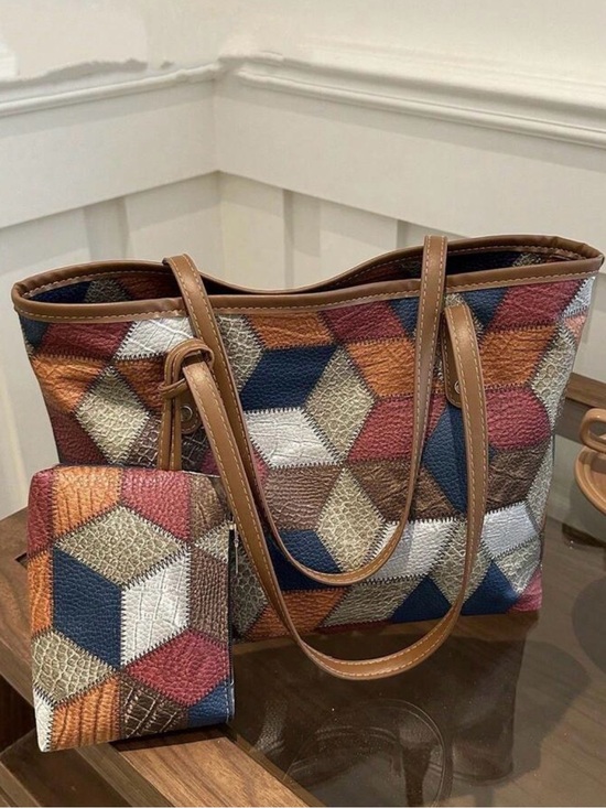 nanice Handbags - Multicolor Geometric Tote with Matching Wallet - Brown Trim